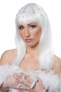 Disco Queen Pruik Wit Met Steentjes